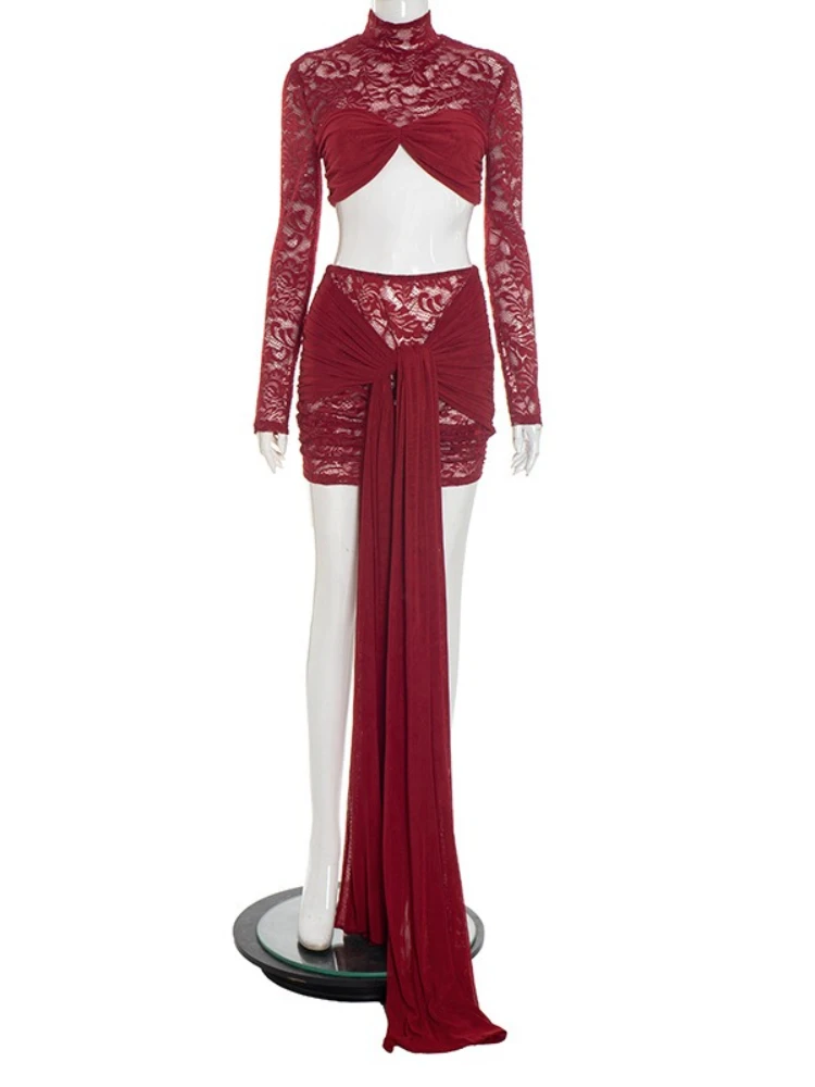 SsTss doorzichtige 2-delige set voor dames, sexy crop top met opstaande kraag, lange mouwen en gewikkelde lintrok, magere kanten outfits