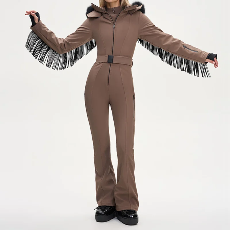 Verdickter einteiliger Skianzug für Damen, Kunstfell, mit Kapuze, Quasten, Mantel, hoher Taillengürtel, Overall, 2022, Winter, winddicht, wasserdicht, Skibekleidung – Detail 11