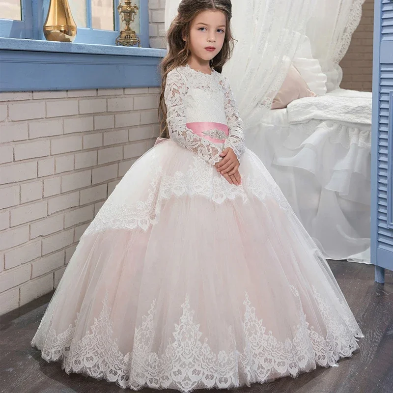 Custom White Kids Teenager Pink White Bridesmaid Dress For Girls Children Long Sleeve Lace Princess Backless Party Wedding Dress