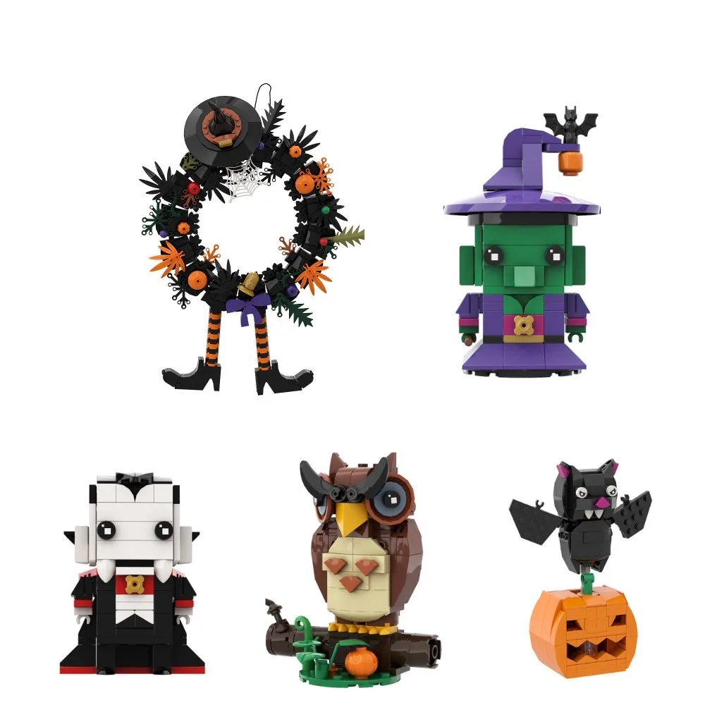 

MOC Christmas Theme Halloween Hat Dark Monster Vampires Brickheadzs Building Block set Witch/Pumpkin Bat/Owl Brick Toys XamsGift