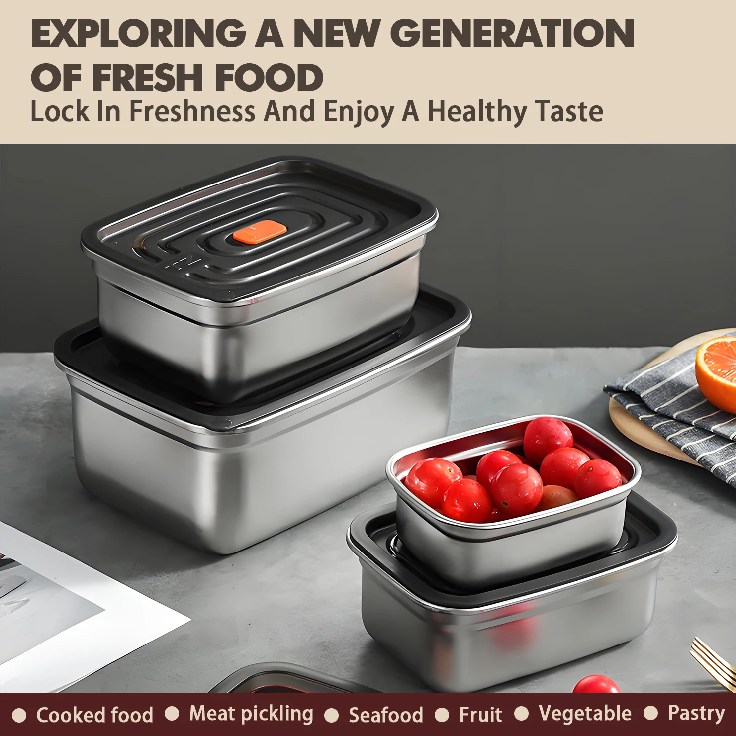 YITIAN Practical Kitchen Stainless Steel Storage Box Plastic Sealed Flat Cover Fresh-Keeping Box Home Refrigerator Vegetable Box