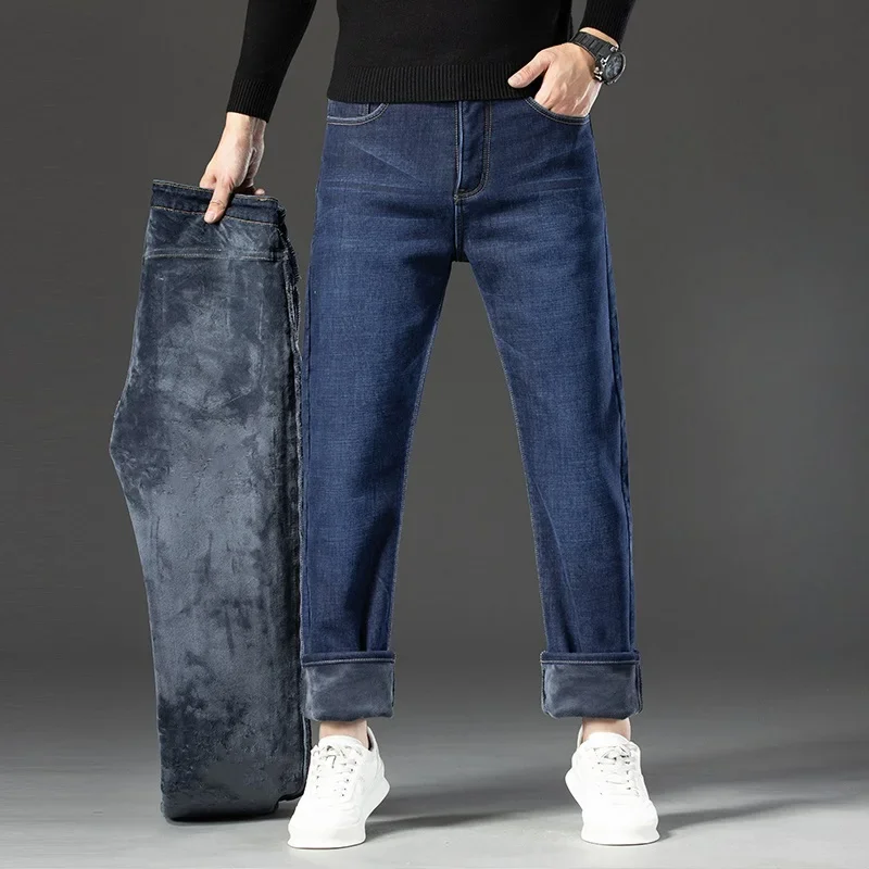 2026 Winter Jeans Men Straight Warm Thick Fleece-lined Denim Trouser Male Classic Business Casual Cowboy Pant Stretch Black Blue