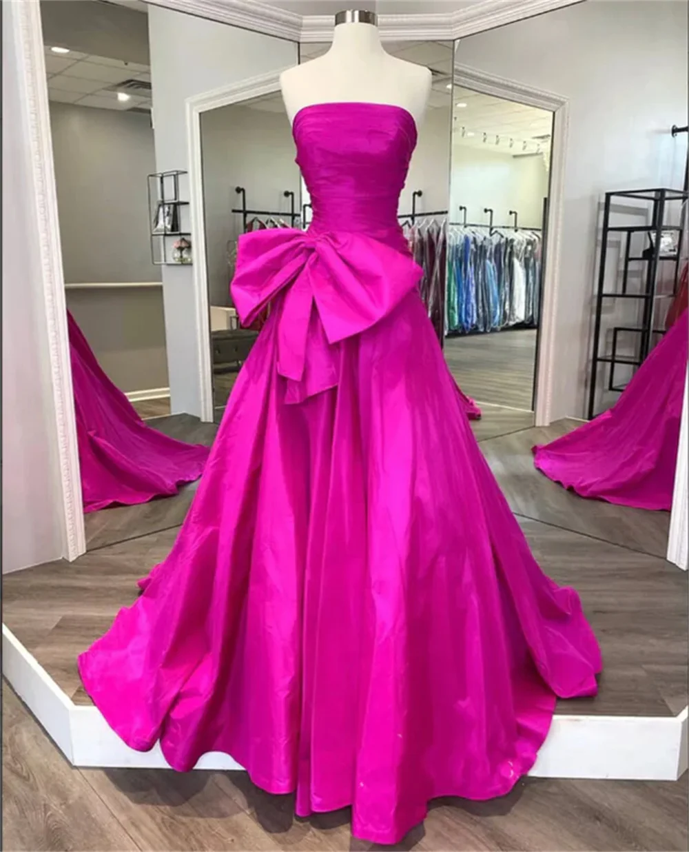 Cathy Hot Pink High-low A-line Prom Dress Sweetheart Big Floppy Bow  فساتين السهرة Off Shoulder Satin Evening Dress