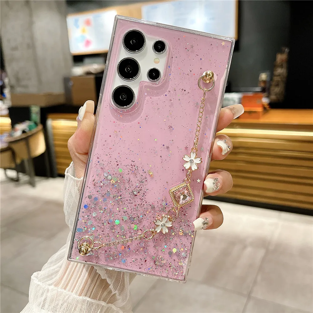 Fashion Flower Bracelet Glitter Case For Samsung Galaxy S24 S23 S22 S21 S20 FE Ultra Plus S10 Note 20 Ultra Soft Silicone Cover