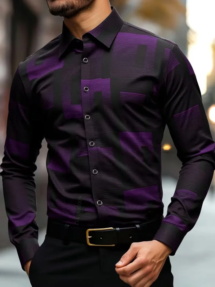 Men's Geometric Check Print Long Sleeve Shirt Slim Fit Collar Button-Up Dress Shirt Business Casual Commuter Top