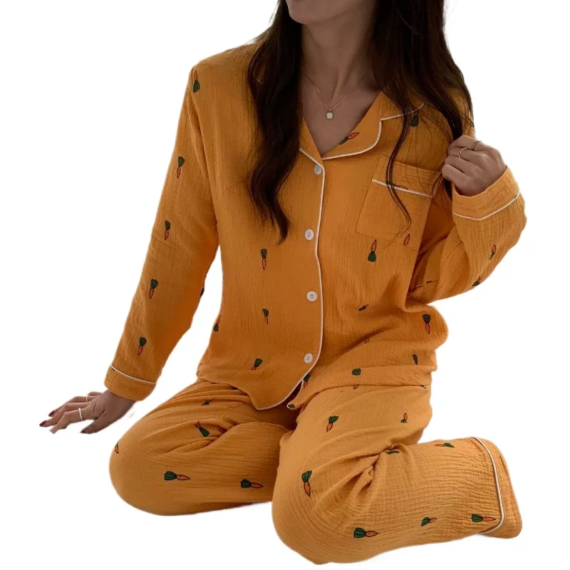 Female Students Korean Spring and Autumn Pure Cotton Pajamas New Printed Double-layer Gauze Breathable Loungewear Two-piece Set