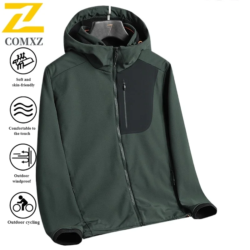 

COMXZ Men's Windbreaker Fleece-Lined Winter Waterproof Windproof Hooded Jacket Outdoor Hiking for Camping Fishing Autumn Winter
