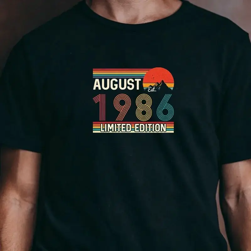 Retro Mountain Sunset August 1986 Spiral Number Graphic T Shirt Unisex Vintage 40th Birthday Casual Short Sleeve Street Tee