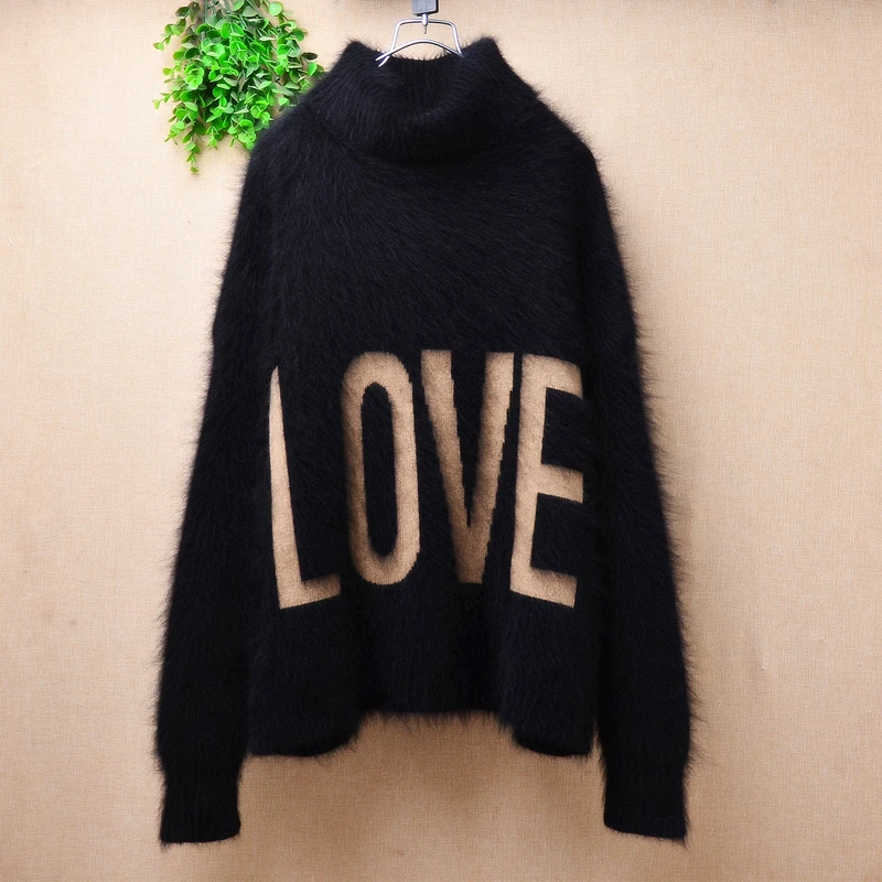 

Female Women Spring Autumn Clothing Black Hairy Letter Love Hairy Mink Cashmere Knitted Turtleneck Loose Pullover Angora Sweater