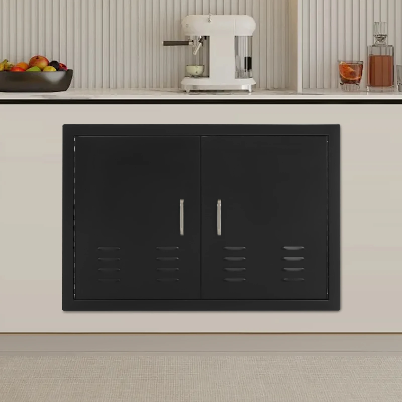 Double Outdoor Kitchen BBQ Access Door 29.92X20.87Inch Carbon Steel Magnetic Closure Cabinet Door With Air Vents & Pre‑Drilled Holes, Rust UV Resistant For BBQ Island Grilling Station Storage Cabinet