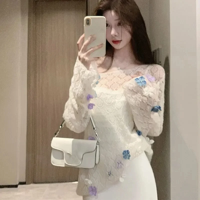 

Белый цветок ажурные вязаные топы женские осенние сексуальные универсальные тонкие свитера с длинными рукавами свободный модный пуловер Y2k