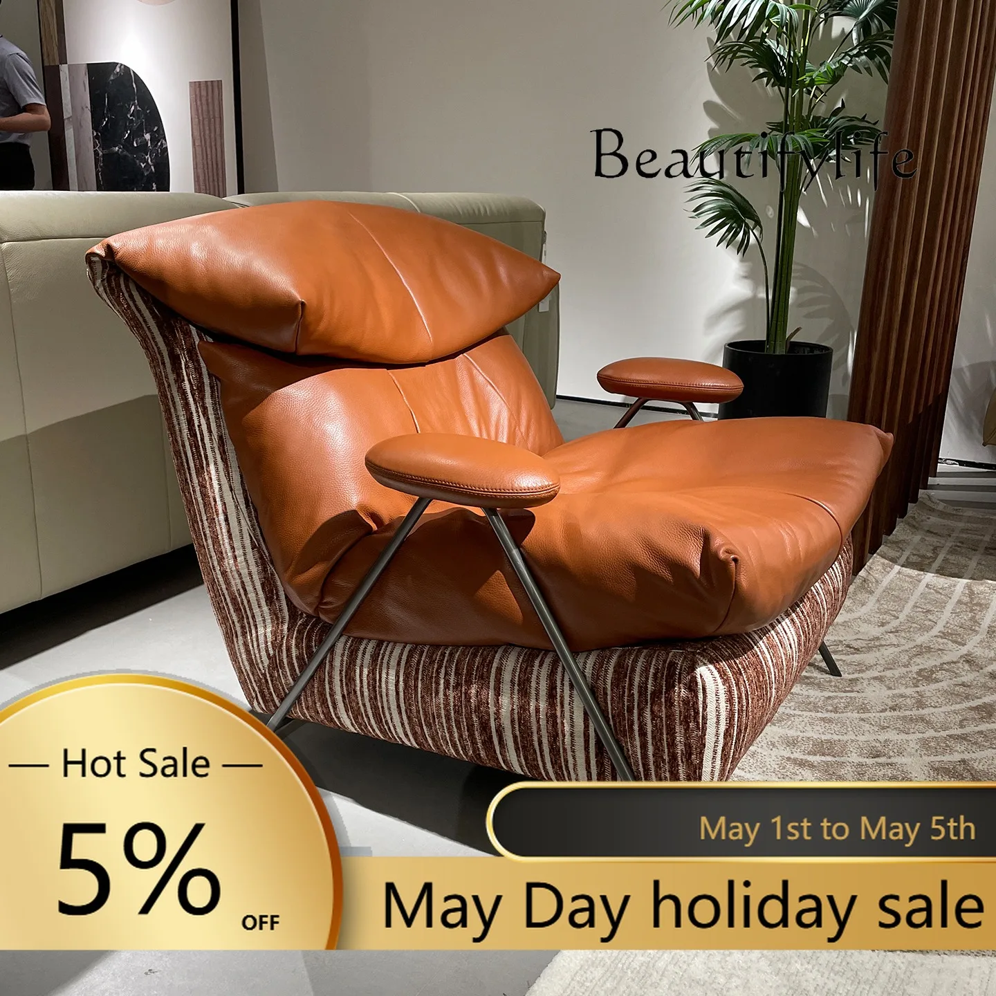 NNLeather Leisure Chair Living Room Sofa Balcony Single Chair Top Layer Cowhide Fabric Italian Down Soft Bag