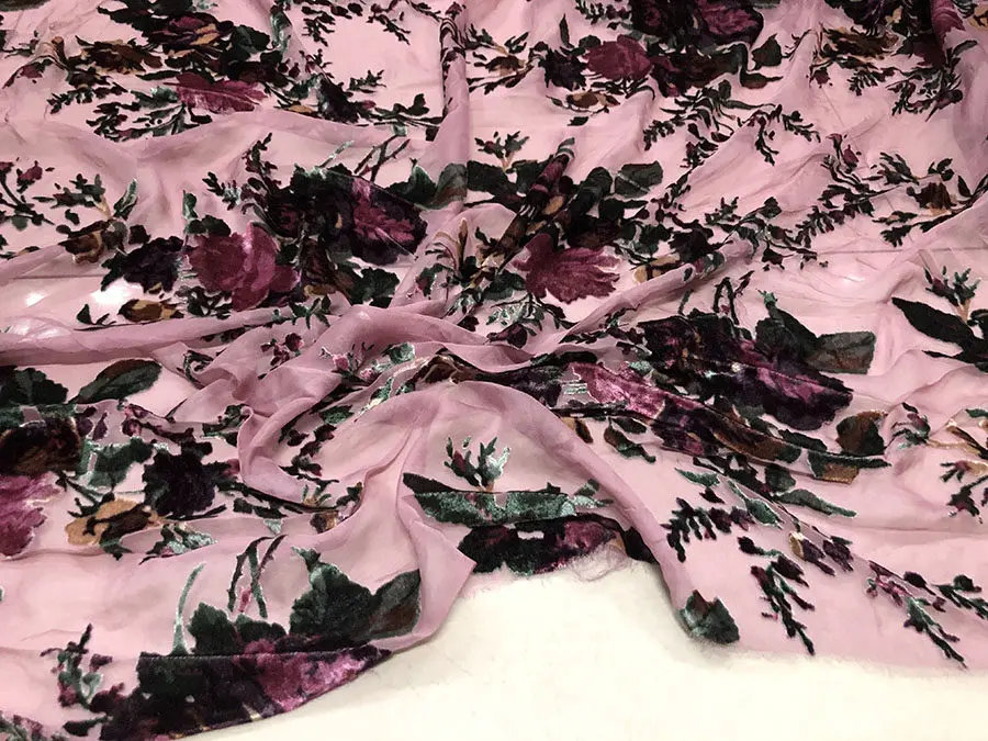 Designer Cloth Beautiful Grape Powder Velvet Silk Fabric Silk Hollow-out Micro-Transparent Fabric Dress