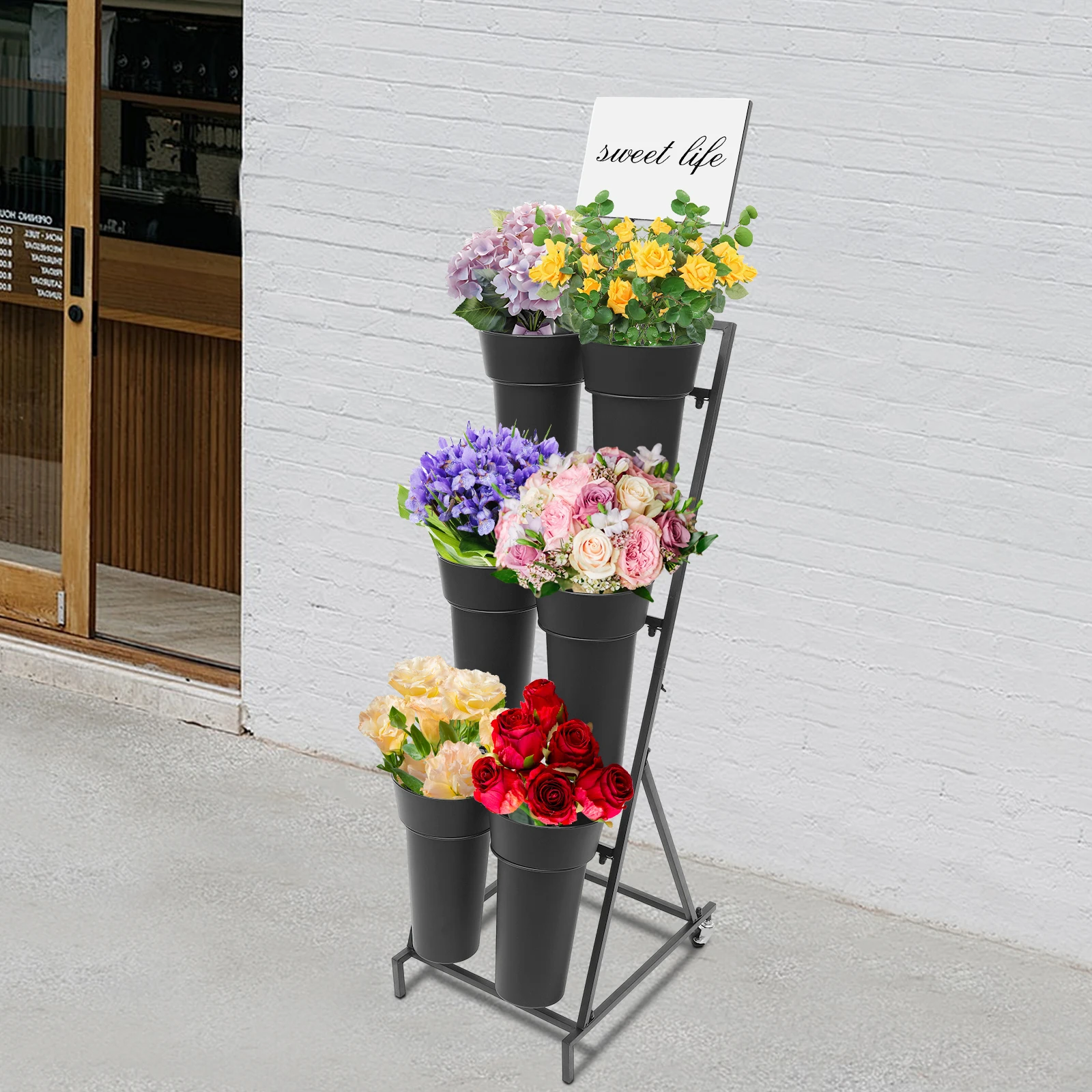 Soporte de exhibición de flores de 3 capas, estante moderno móvil de Metal para plantas con 6 uds. De cubos y ruedas para flores para el hogar, jardín, Patio y balcón