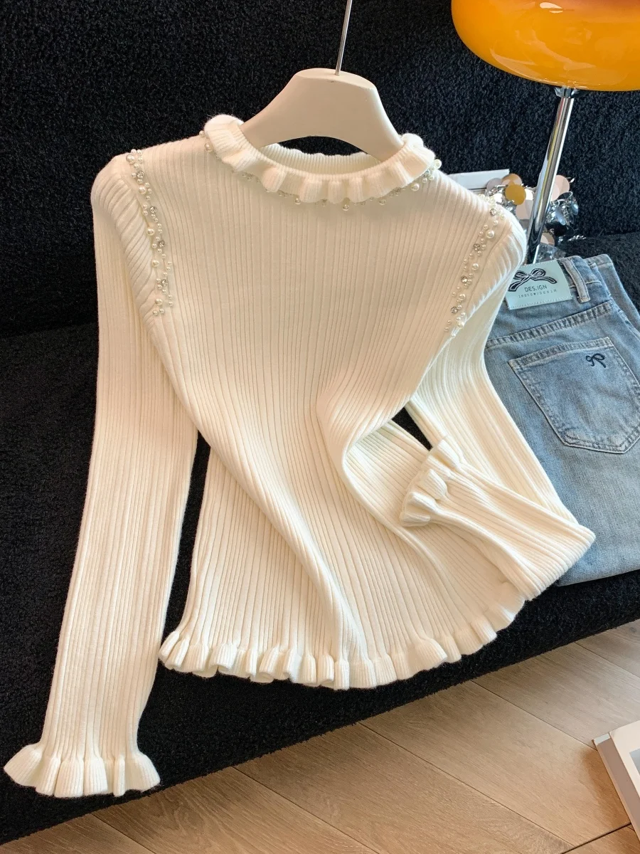 Bead Fungus Edge Long-sleeved Knitted Sweater Women's Autumn And Winter Temperament Slim-Fitting Bottoming Shirt Chic Inner Top