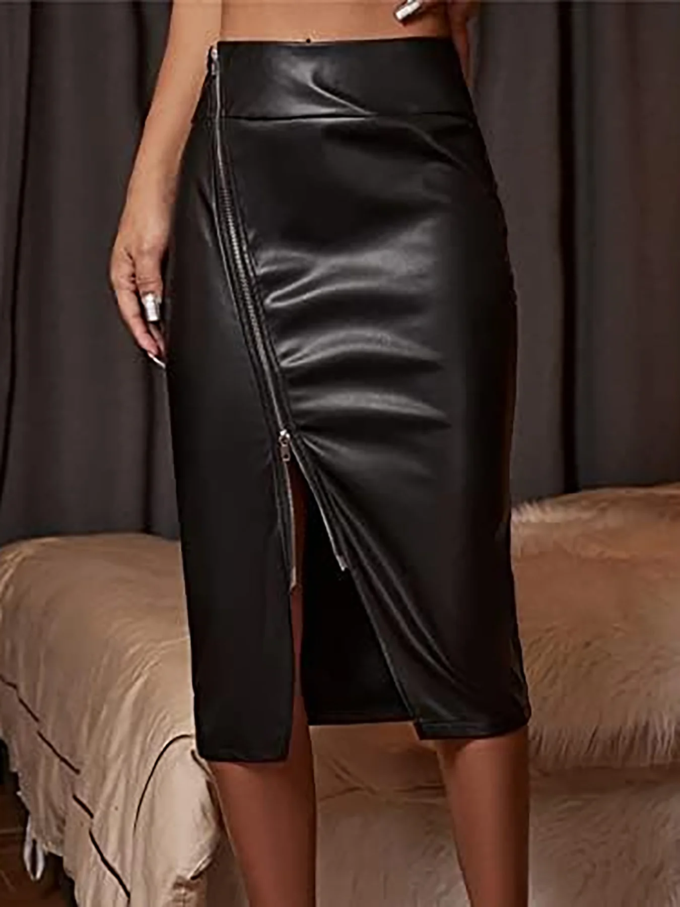 

Ladies' black skirt, zipper split imitation leather skirt, hip hugging skirt, high waist slimming skirt 796