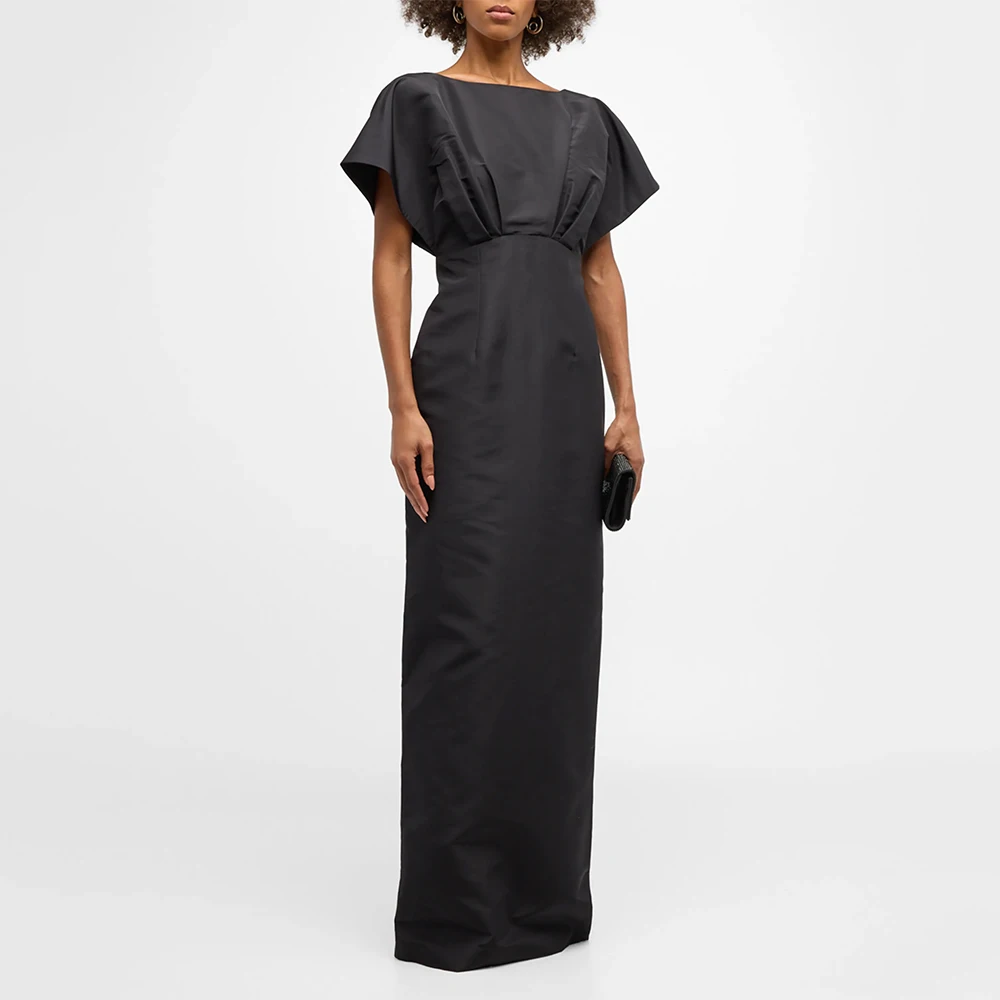 

Elegant Women's Prom Dresses Satin Cap Sleeves Backless Pleated Simple Prom Party Gowns Long Column Wedding Guest Dress Black