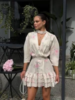 Women Printed Waistband Puff Sleeve Satin Dress Elegant Waist Cinched V-neck Buttons Dresses 2026 Holiday Summer Short Vestido - Image 3
