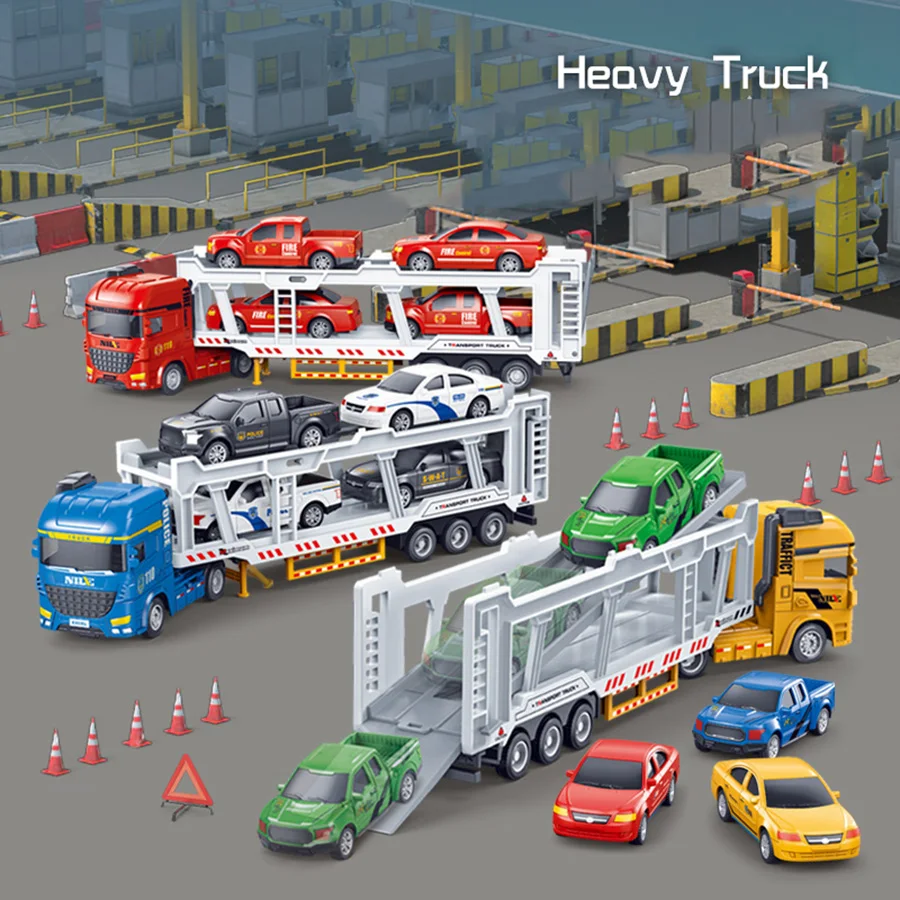 1pcs 1:50 Ratio Police Engineering Trailer Model Toy Simulation Alloy Double Deck Tractor Transport Door Open Sound Gift
