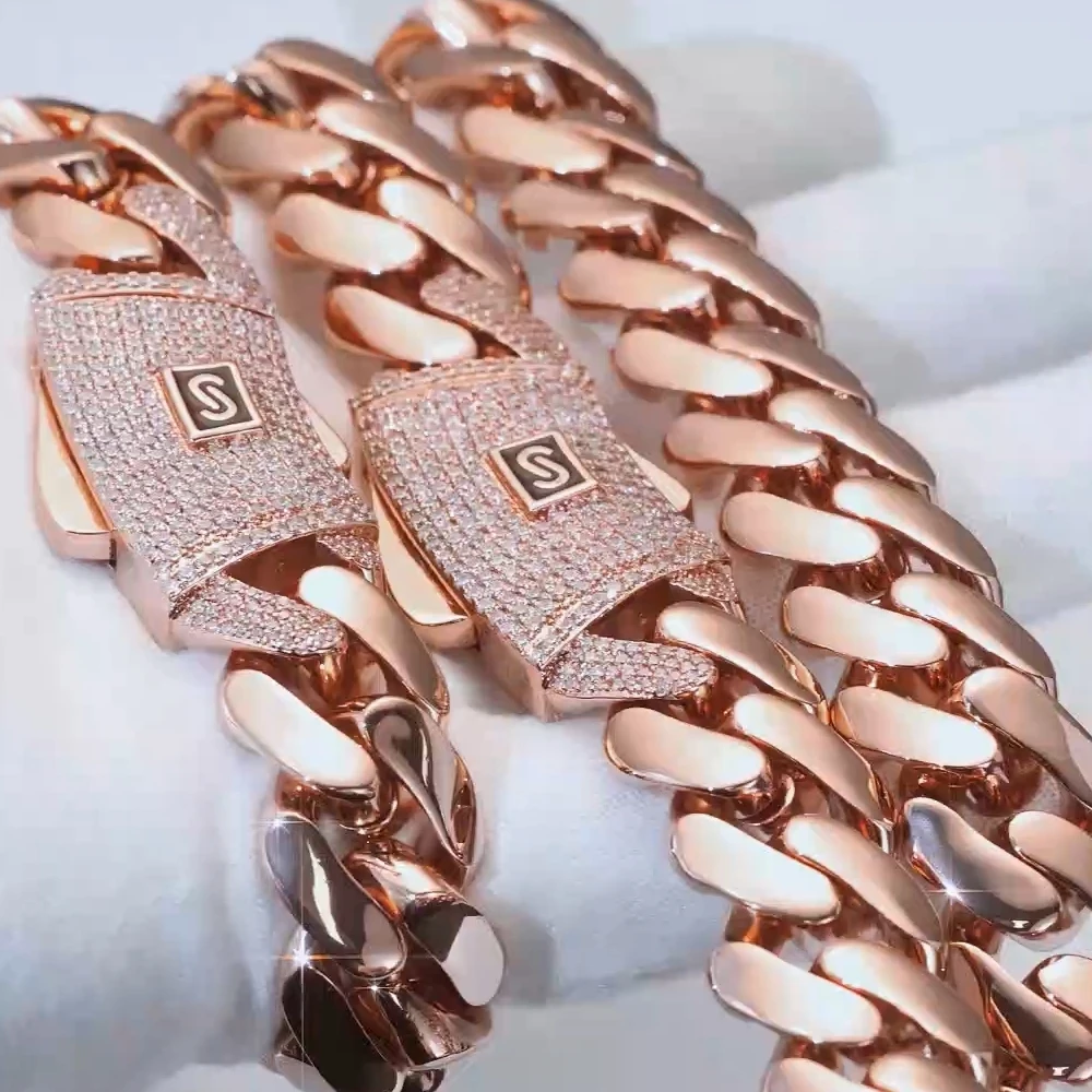 

Hiphop Jewelry Rose Gold Plated Monaco Necklace Iced Out Diamond Clasp Flat Thick Cuban Link Chain Choker for Men