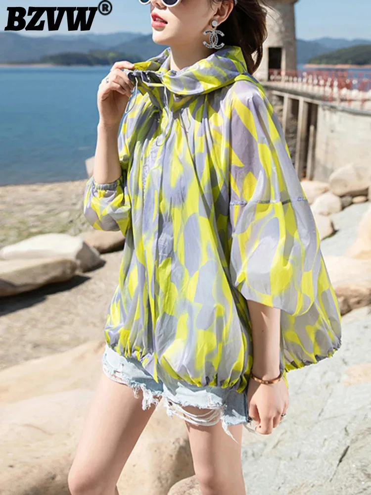 BZVW Women Loose Lightweight Printing Sunscreen Clothing Hooded Long Sleeved Transparent Temperament Jacket Summer 2025 25C0189