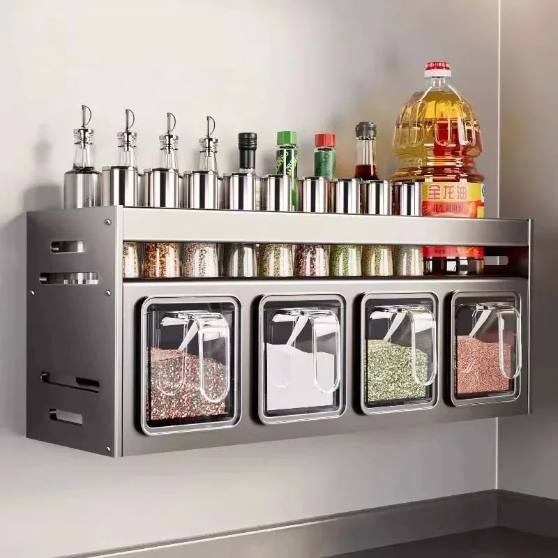 

Stainless Steel Kitchen Spice Rack Punch-free Wall Mount Seasoning Jar Box Kitchen Storage Home Organizer Hanging Shelf