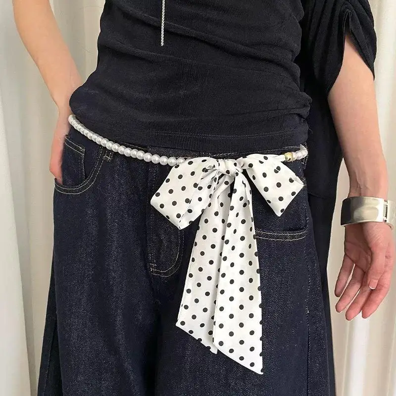 French Faionable Polka Dot Scarf Waist Belt For Women Decorative Pearl Splicing Neck Ribbon Elegant Stripes Fluttering Ribbon