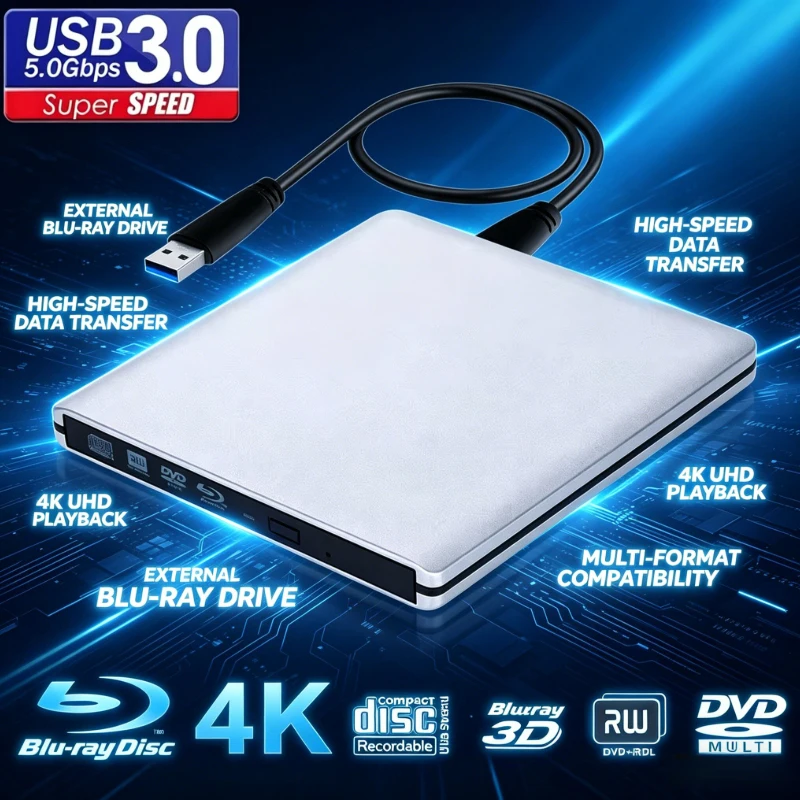 Grabadora de Blu-Ray UHD 4K, Unidad Óptica Externa USB 3.0, Grabadora de DVD, Reproductor de Blu-Ray 3D BD-RE/ROM, Lector para Windows/MAC OS
