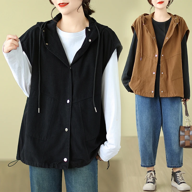

Retro Japanese Sle Hooded Vest Jaet Women's Spring Autumn Loose Casual Svel Workwear oulder Pad Vest Top