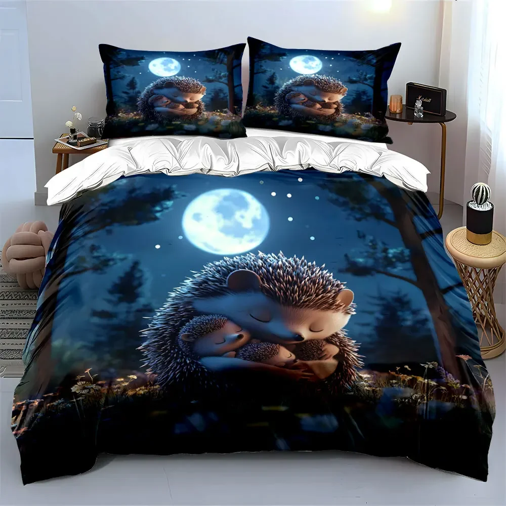 3Pcs Cozy Hedgehog Bedding Set, Mother and Baby Hedgehogs Under Full Moon Print Duvet Cover, Cute Kids Bedroom Decor