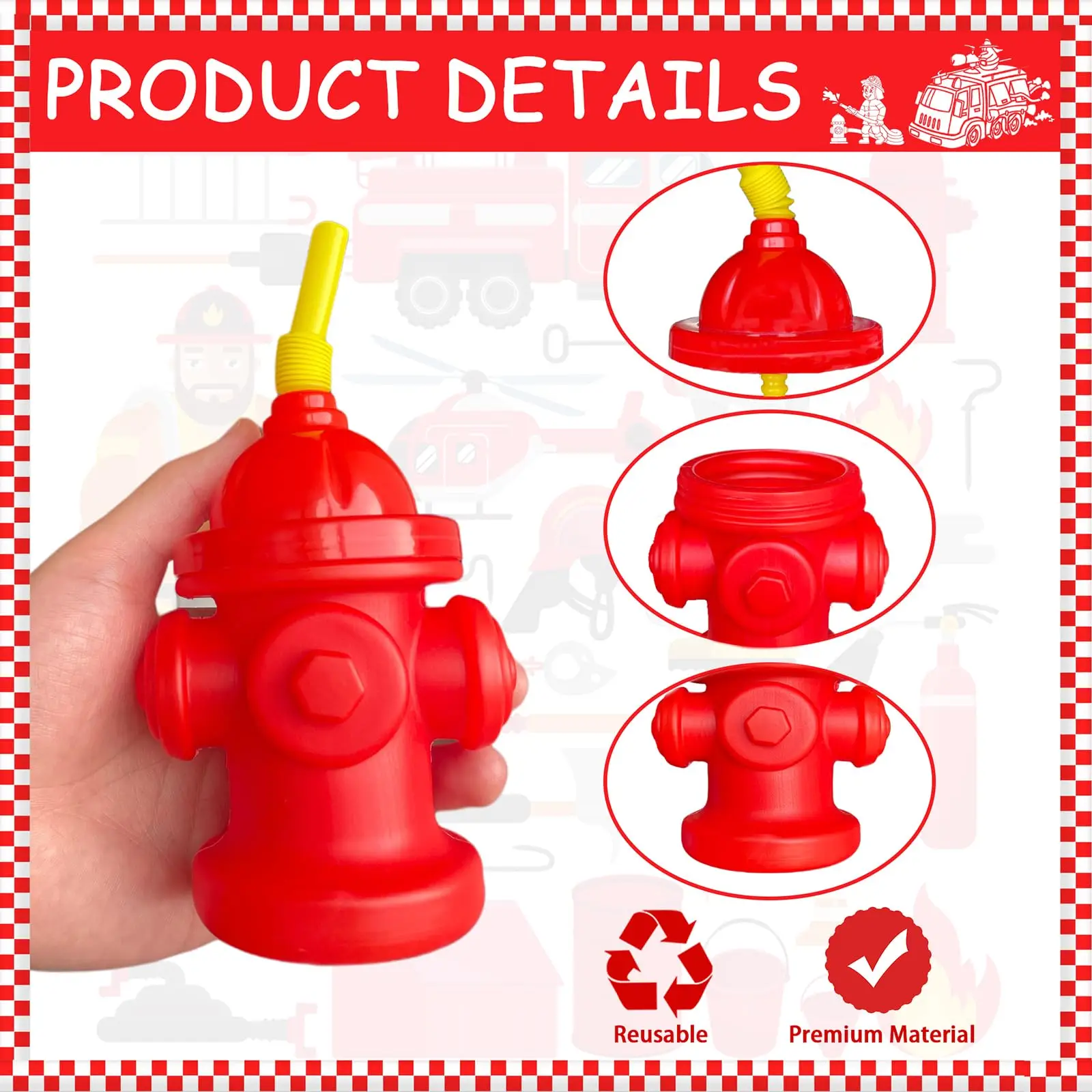 Novelty Fire Hydrant Straw Cups With Lids(4 /6/8/10Pack) 12oz Kids Fireman Birthday Favors Fire Truck Firefighter Party Supplies