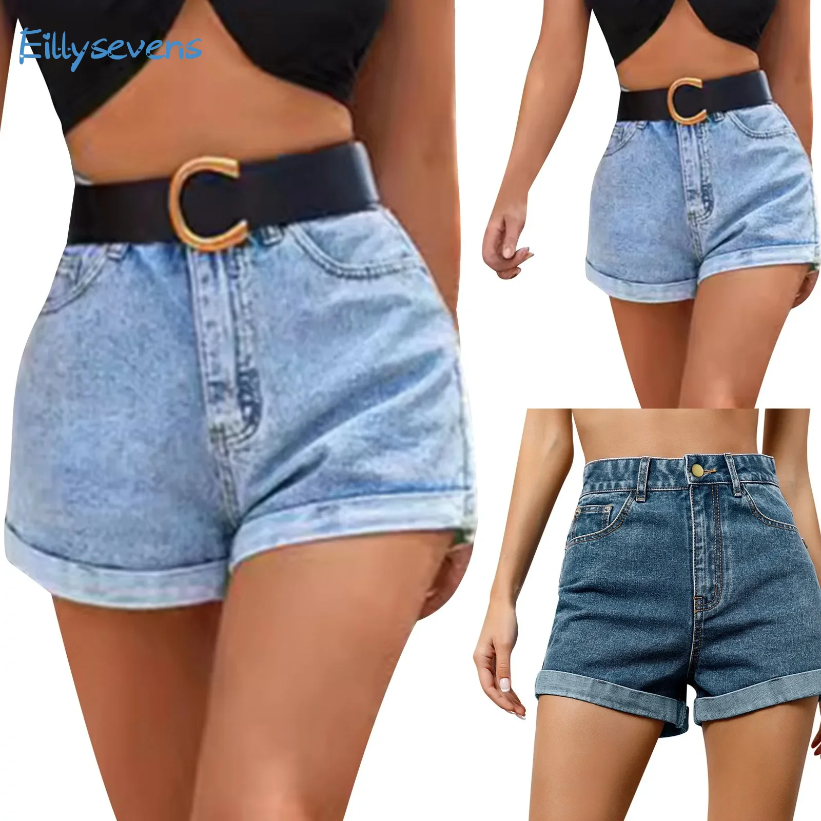 

Ladies New Denim Shorts Casual Fashion High Waist Denim Shorts With Pockets Trend Street Style Daily All-Match Rolled Hem Shorts