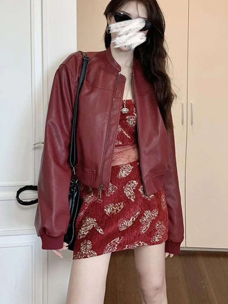 Jaqueta Feminina de Couro PU Vermelha Estilo Motociclista Acolchoada para Trabalho, Moda Primavera Outono, Casaco Elegante Feminino