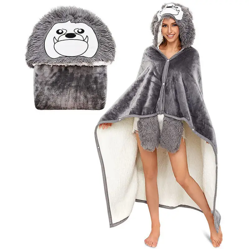 Cartoon Animal Hooded Wearable Blanket Flannel Cape Throw Blanket Shawl Wrap Blanket with Hand Pocket Winter Warm Home Cloak