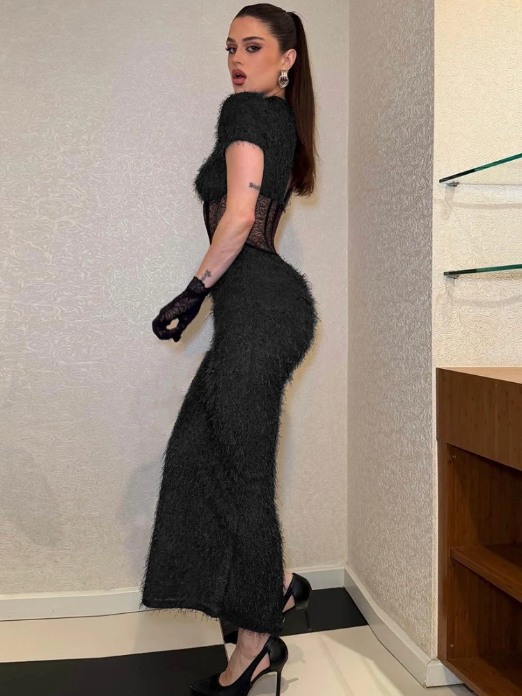 فستان Tossy شفاف من الريش للنساء مثير بقصة ضيقة ورقبة دائرية وخصر عالٍ فستان حفلات مرقع فستان نسائي ضيق 2026 #2