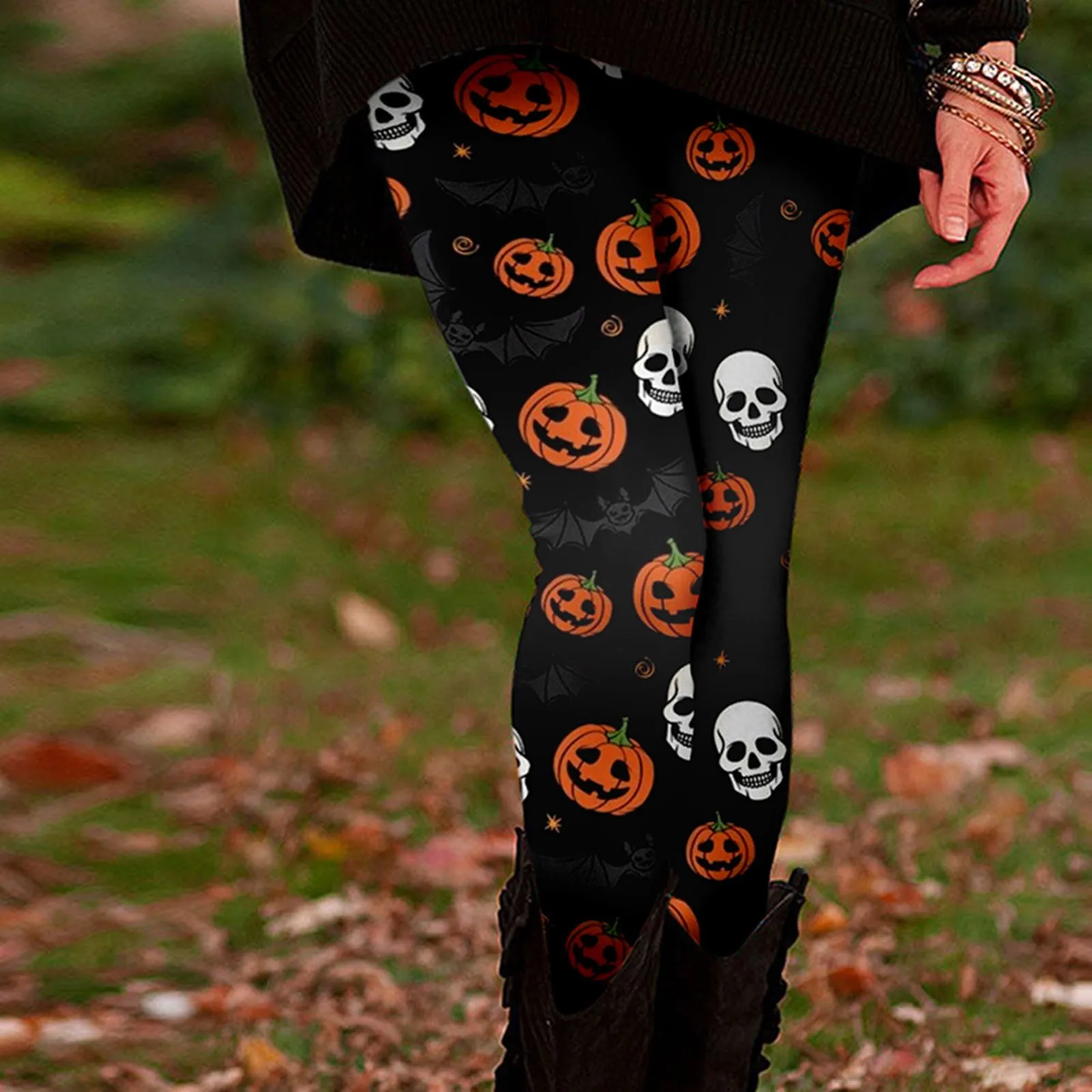 Womens Halloween Theme Casual Comfort Pants Pumpkin Head And Skull Printed High Waist Warm Slimming Smooth Leggings Long Pants