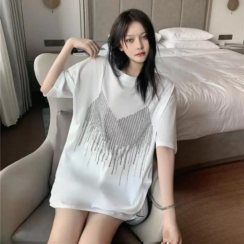 Diamond Fashion Oversized T-shirt Y2k for women's summer Rhinestones Ribbed Crop Top Tshirts women loose fit High Quality Tees