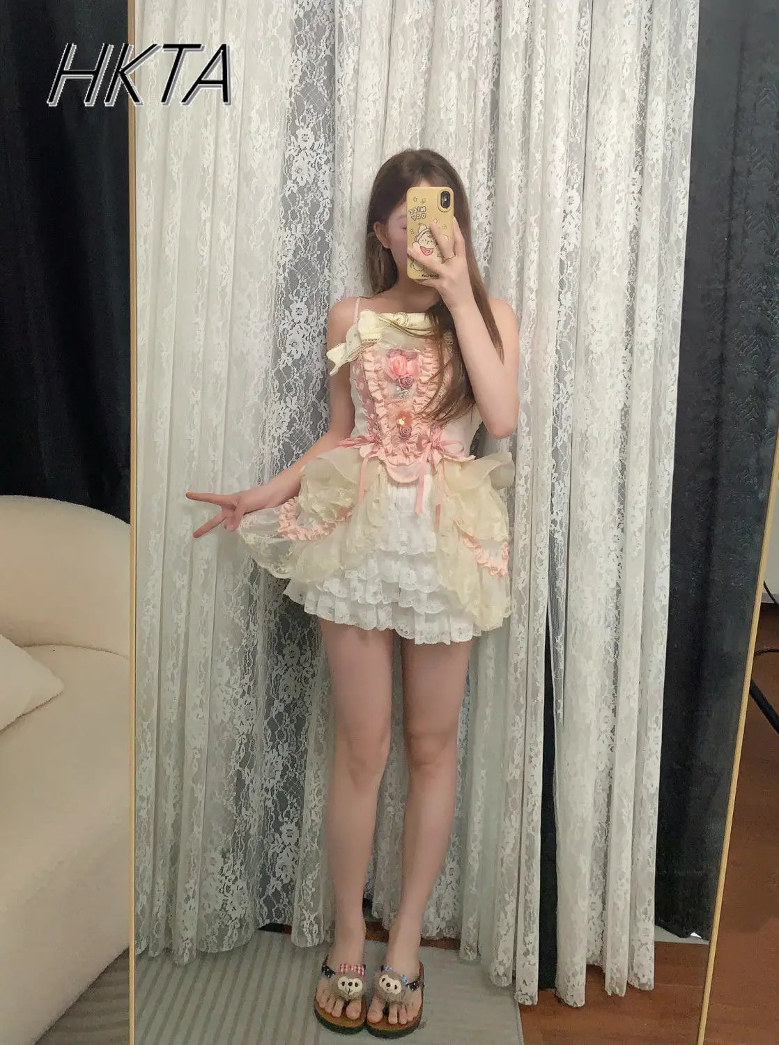 달콤하고 귀여운 캐스케이드 화이트 퍼프 숏 스커트 퀼로트 여성 카와이 캐주얼 하이웨이스트 레이스 여름 케이크 로리타 버드 미니 스커트 소녀