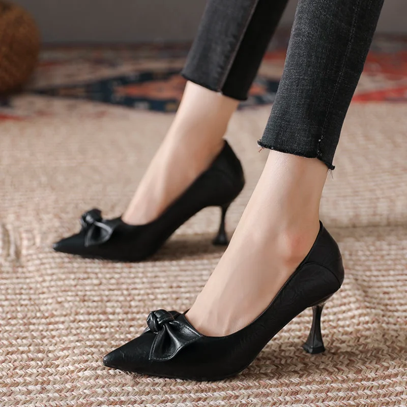 Ladies Summer Footwear Formal Shoes for Women 2024 Black with Medium Heels Stilito Moccasins Bow Elegant Dress Spring on Sale A