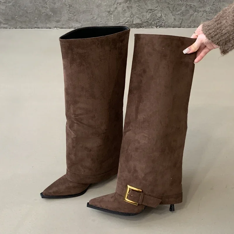 Aneikeh الشتاء تصميم الربط مربع مشبك حذاء برقبة للركبة النساء أشار تو متجرد أحذية مثير رقيقة الكعوب Largas De Mujer