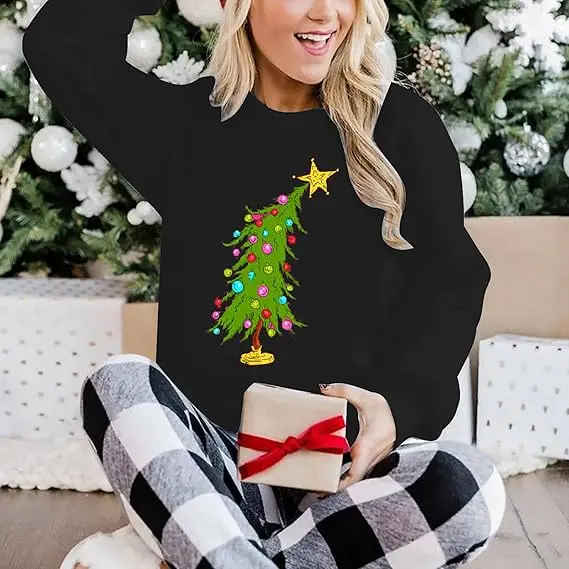 

Christmas Sweatshirts for Women Cute Christmas Tree Graphic Long Sleeve Shirt Xmas Holiday Party Pullover Blouses Novelty Gift