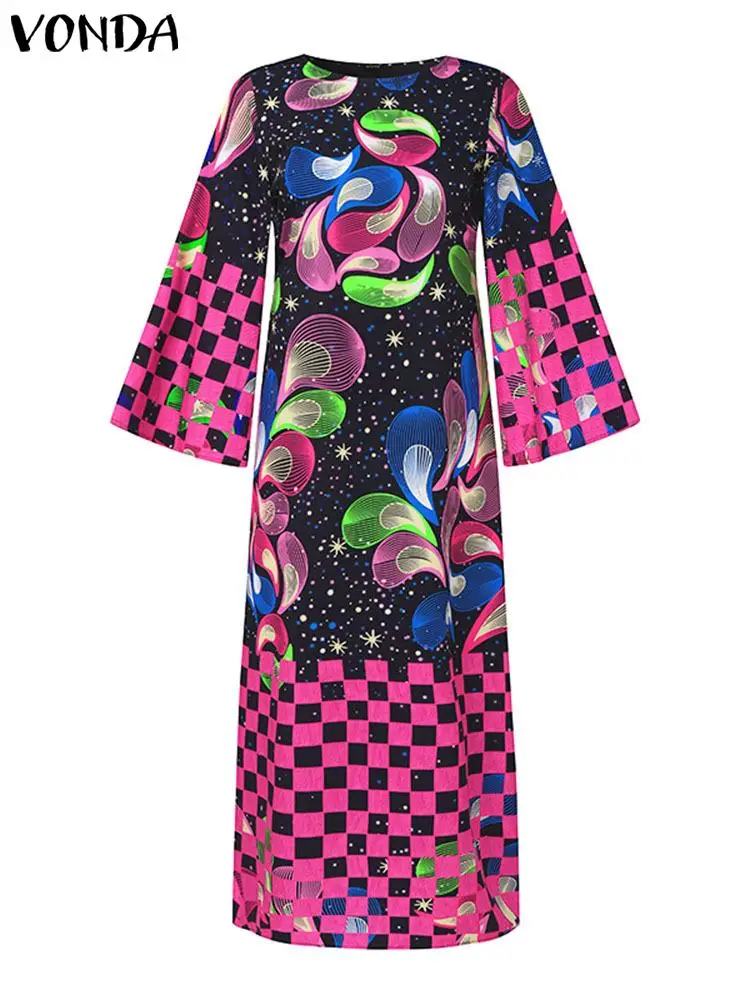 Plus Size 5XL VONDA Oversized Long Dress Women Long Flare Sleeve Printed Bohemian Maxi Vestidos 2024 Autumn Casual Loose Vestido