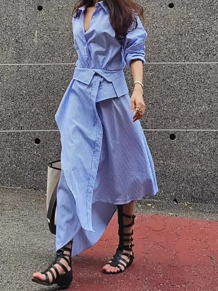 

Clothland Women Elegant Striped Shirt Dress Belt Long Sleeve Irregular One Piece Office Wear Female Midi Dresses Vestido QD813