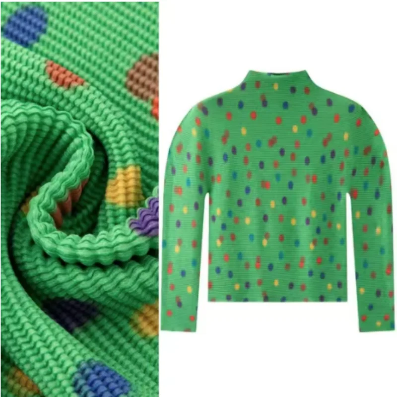 

Miyake высокоэластичная утягивающая плиссированная женская футболка с высоким воротом, осенний новый модный пуловер с длинными рукавами и принтом в горошек, топы