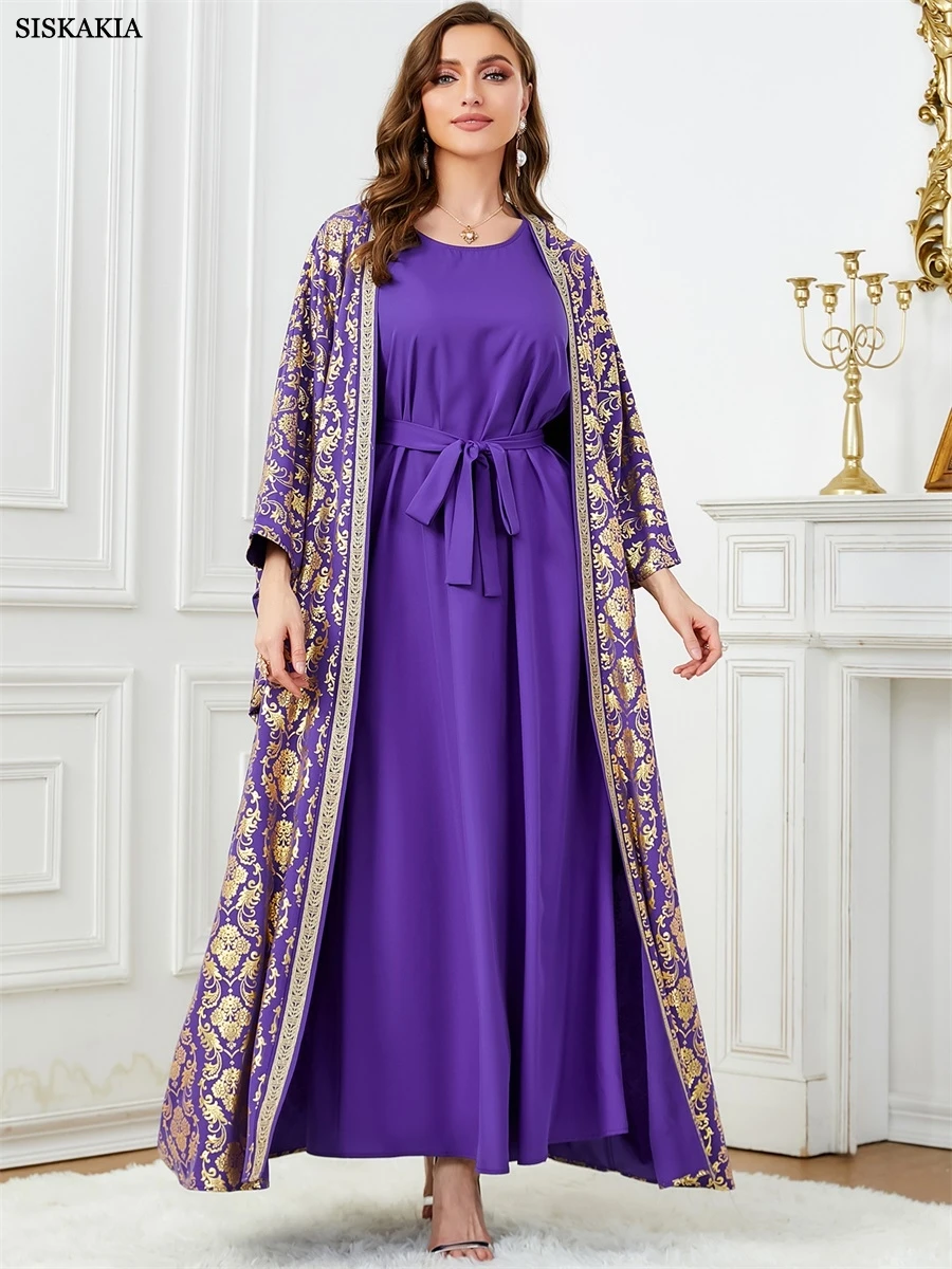 Siskakia Dubai goud stempeljurk moslim tweedelige set Abaya O-hals riem inclusief vleermuismouw