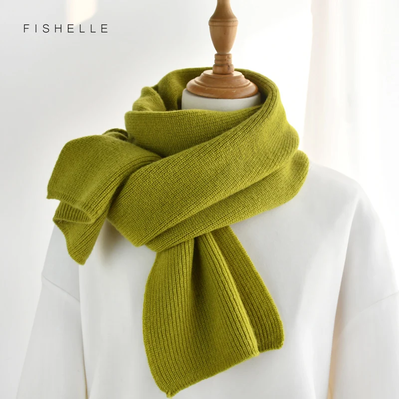 Bufanda de lana gruesa cálida para niños y adultos, bufandas de punto de Cachemira de lujo, color sólido, verde y amarillo, bufanda de invierno para