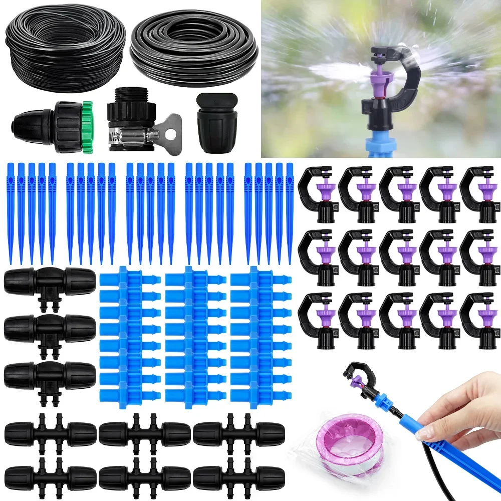 25m 8m Micro Drip Irrigation Kit Automatic Watering System 4 6 Split to 8 12 Connector Rotary Scattering Nozzle for Greenhouse
