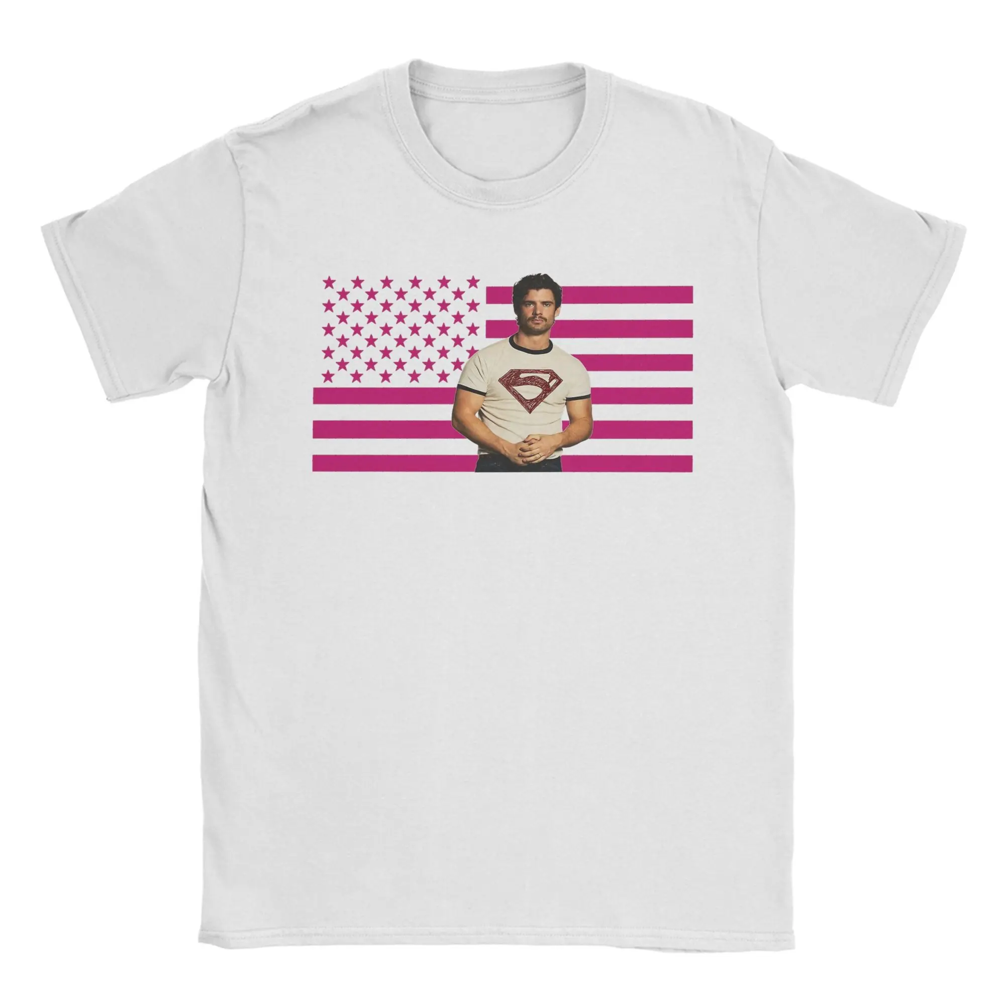 

David Corenswet Pink USA Flag T-Shirts for Men Creative Cotton Tee Shirt Round Neck Short Sleeve T Shirts New Arrival Clothes