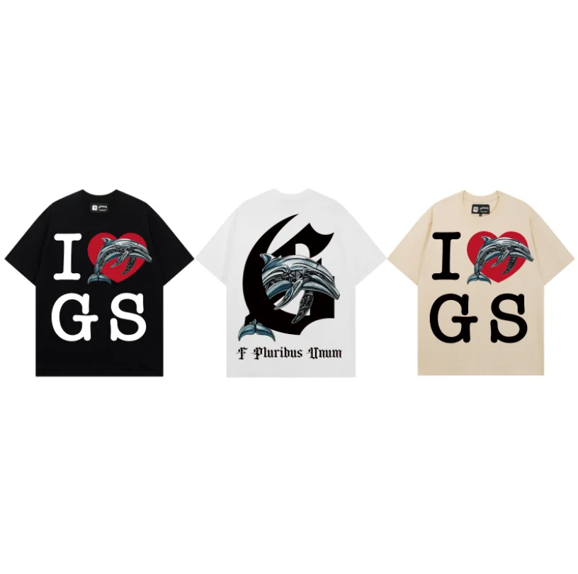 Retro Dolphin Print Cotton T-Shirt Unisex Loose Fit Short Sleeve Street Style Couple's Summer Top High Street Hip Hop Tee