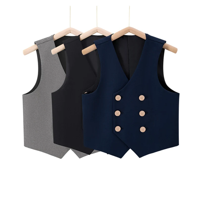 Cool Kids Boys Formal Waistcoat Double Button Blazer Type Vest Girl Birthday Party Wedding Clothes Costume Black Grey Royal Blue